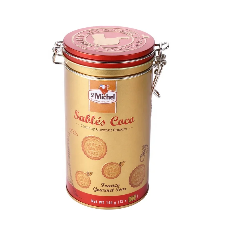 Round tin box with rubber seal and metal clasp for St Michel Sables Coco 144g cookie packaging