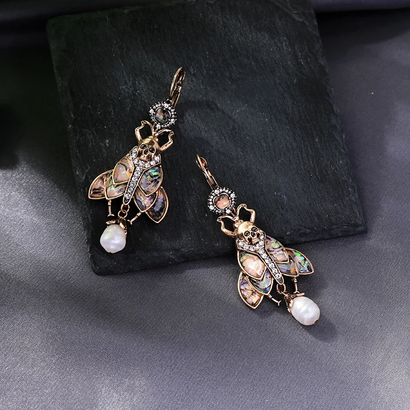e9112308 Unique Design Long Vintage Gold Skull Fly Insect Colorful Wings Crystal Cultured Freshwater Pearl Charm Earrings