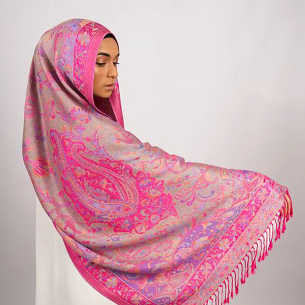 Hot selling luxury quality elegant ladies paisley kashmiri pashmina scarf jacquard tassel fringed shawl