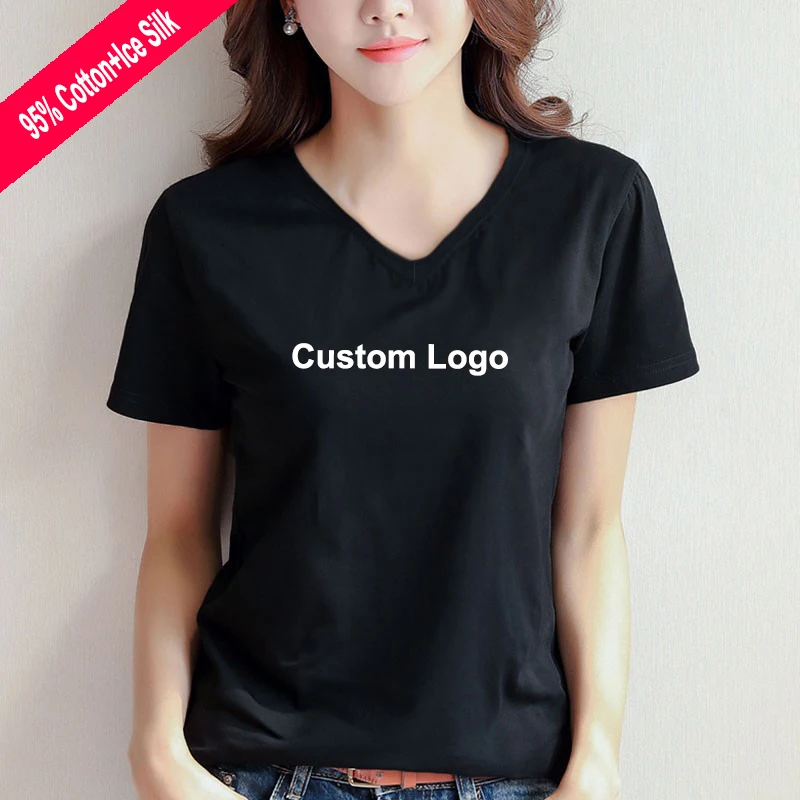 Custom New Summer White Black Cotton Short Sleeve V-Neck Plain  Blank Girl T-Shirt For Women