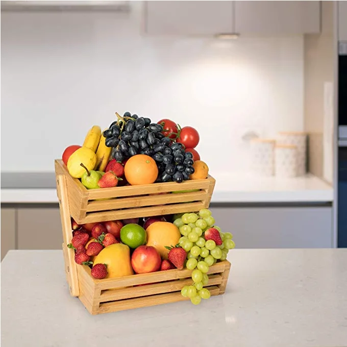 Nature Bamboo Fruit Basket  2 Tier Fruit and Vegetable Storage Stand for Kitchen Countertop Solid Design and Breathable