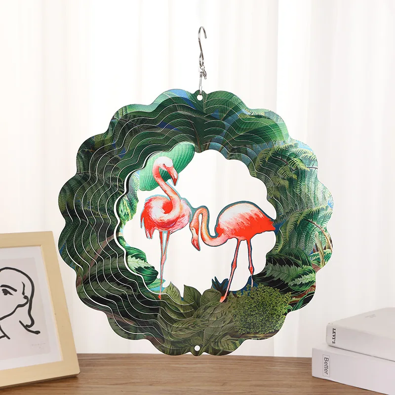 YJL Modern Stainless Steel Garden Decoration Outdoor Wind Chimes Colorful 3D Flamingos Rotating Metal Wind Spinner Wind Chimes