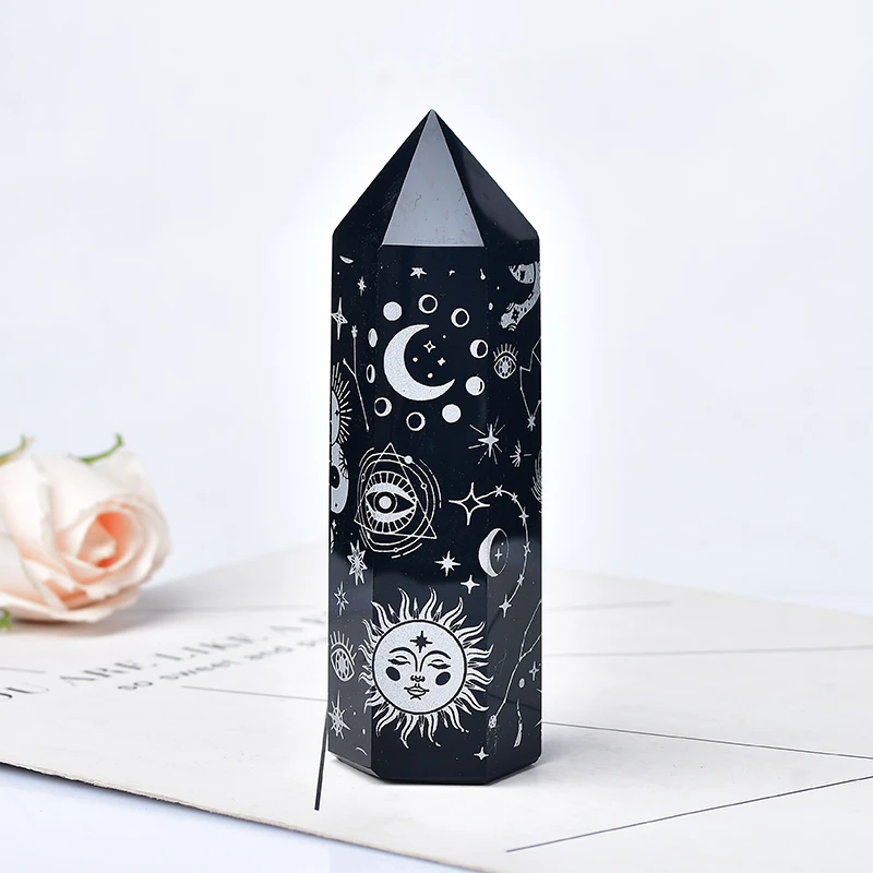 Natural Obsidian Crystal Wand Plated With Gold Star Moon Pattern Point Wand Healing Stone Energy Quartz Home Decoration Reiki