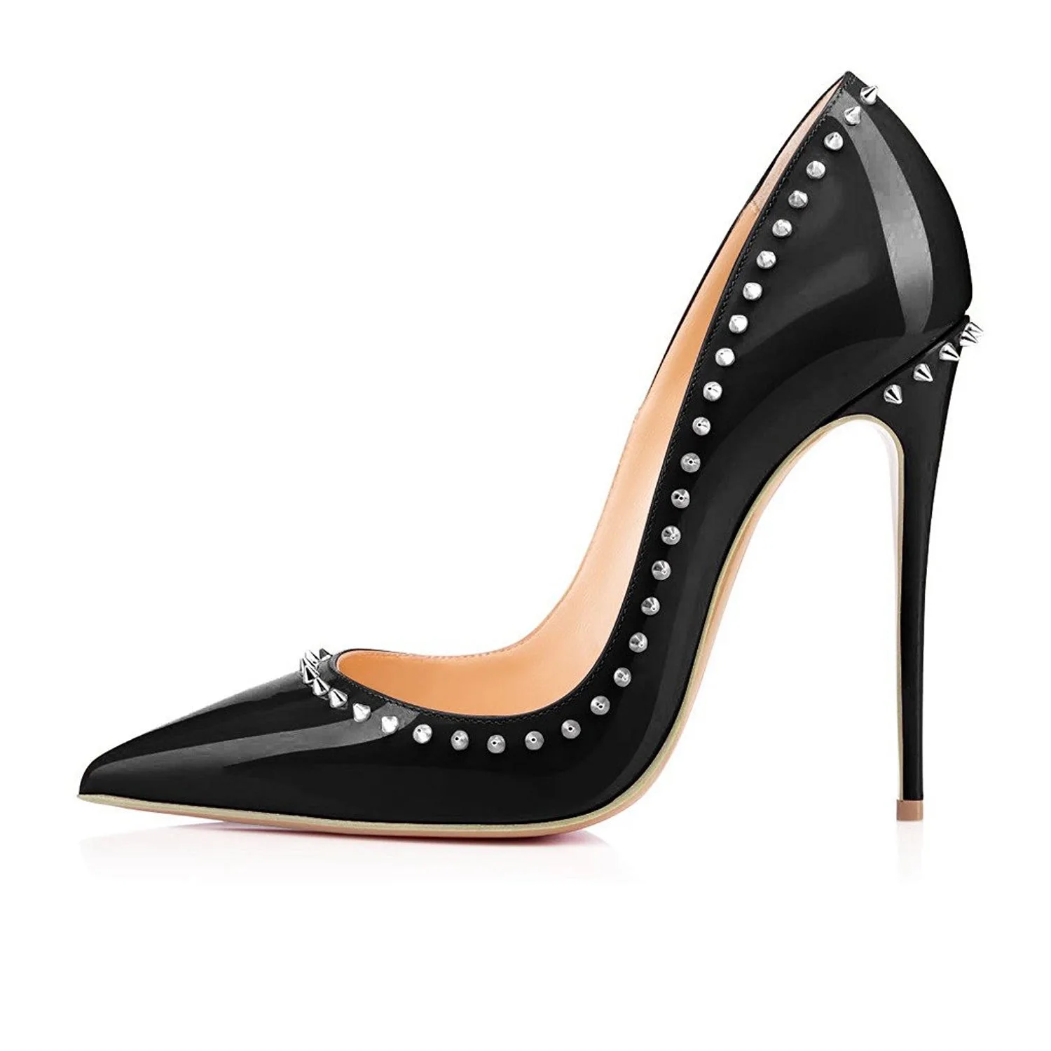 Hoslasen shoe factory black patent with silver rivets 100mm heel pumps custom high heel shoes