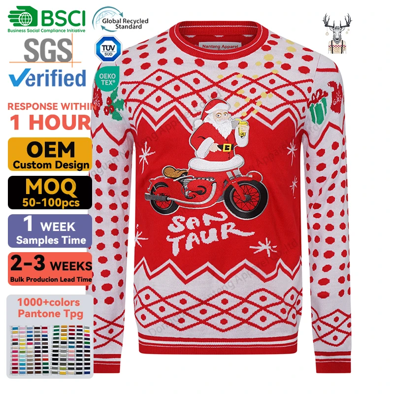 Nanteng Custom Ribbed Knit Crew Neck Pullover Santa Embroidery Applique Patch Cotton OEM Manufacturers Men Christmas Sweater