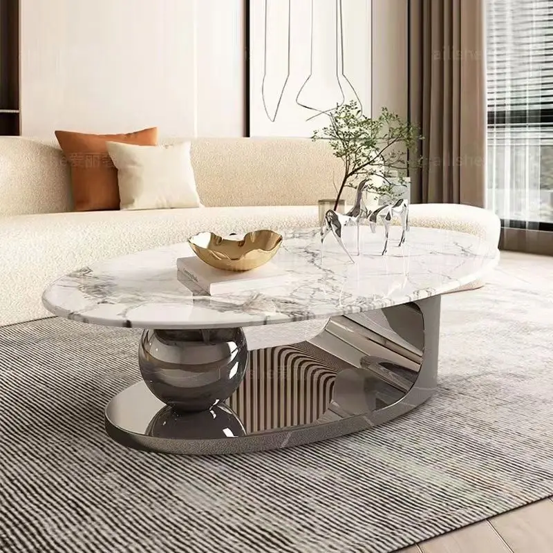 Oval steel coffee table gold dragon pearl tea several black metal base