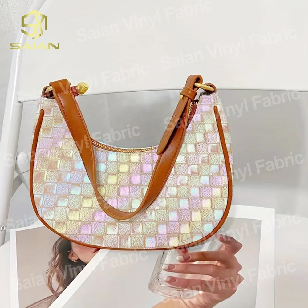 0.8MM Holographic Laser Rainbow Basket Woven Pattern PVC Artificial Synthetic Leather Rolls Fabric For Luggage Handbag Furniture