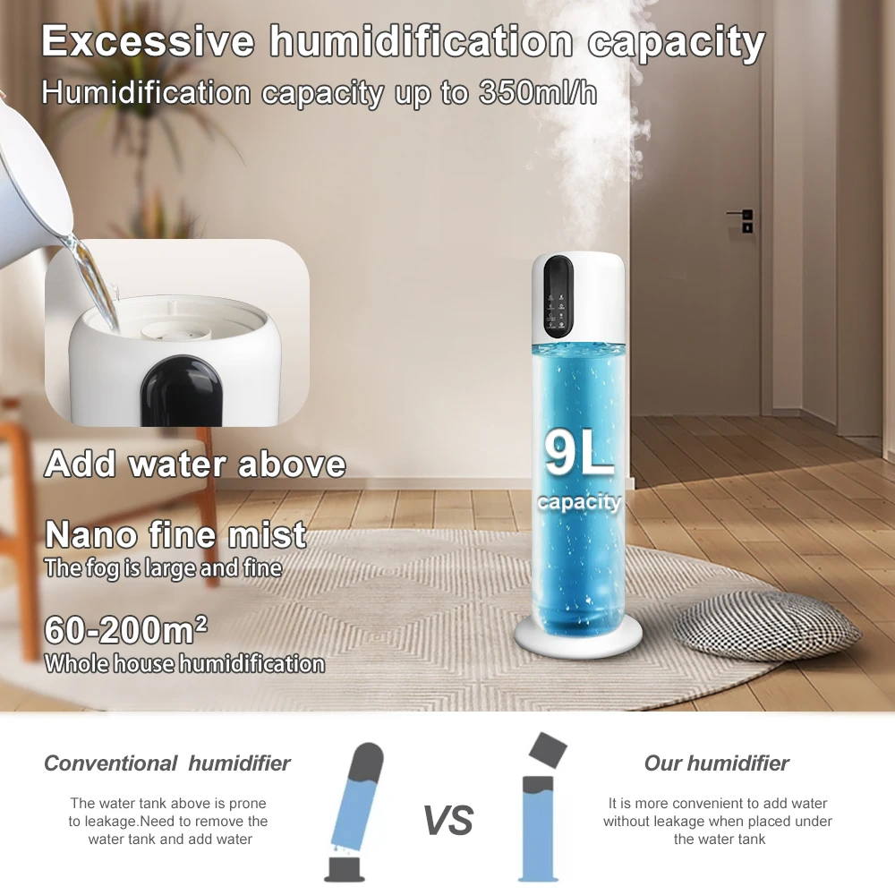 Ultrasonic humidifier appliances home cool mist humidifier oil diffuser room smart humidifiers electric mist maker 9L ultrasonic