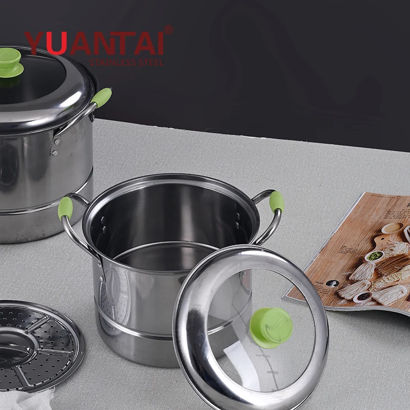 High quality Factory Direct Supply Stainless Steel Green handle combination lid cookware steamer pot sets