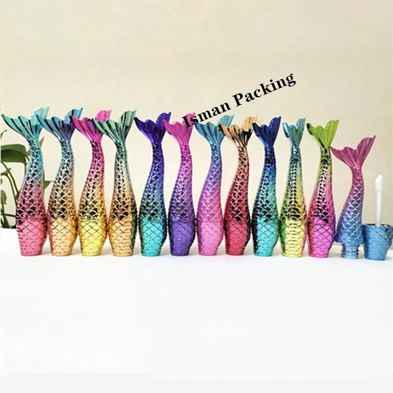2024 new unique cute shiny mermaid lip gloss tube kids bling fish shape lipgloss container packaging bottle with wands brush 3ml
