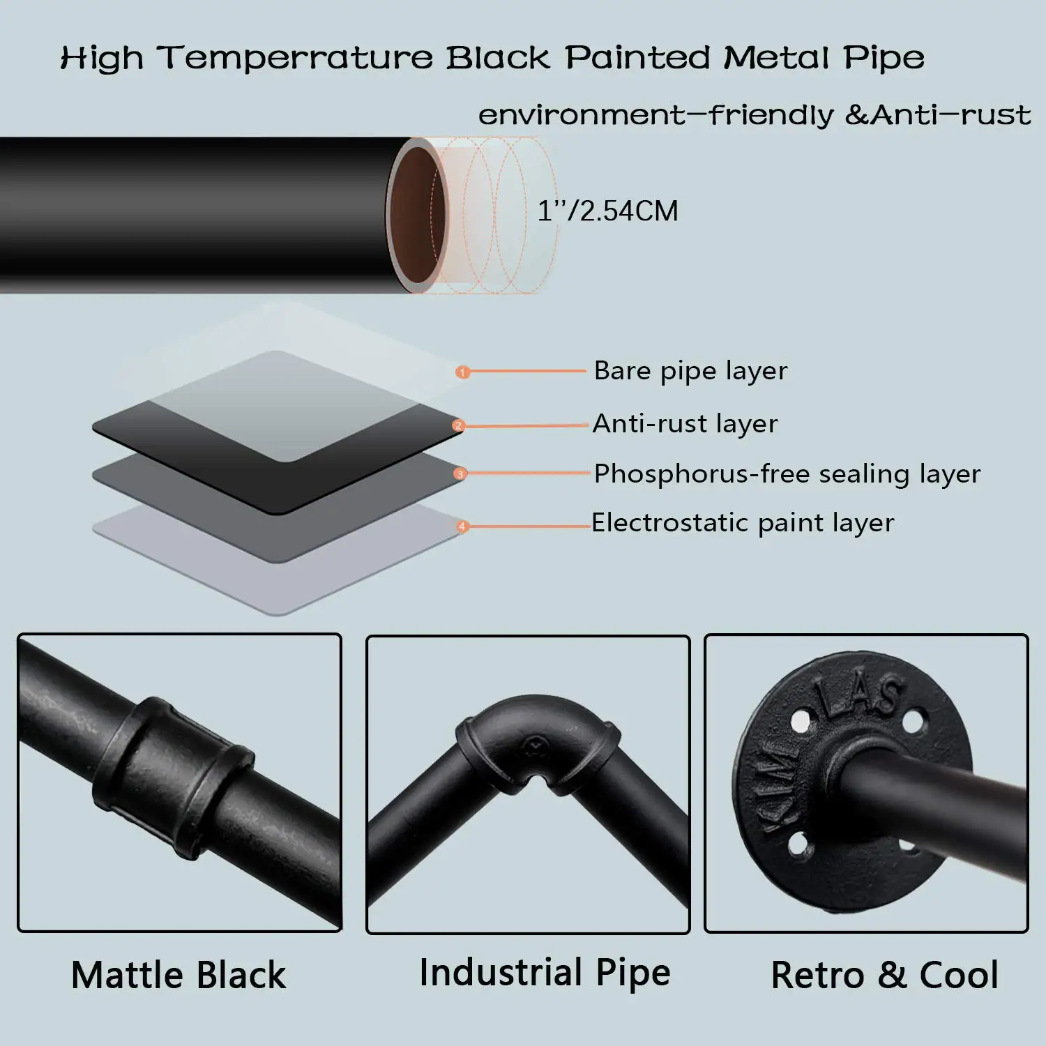 Industrial 3 Hooks 72 Inch Pipe Wall Mounted Garment Rack Heavy Duty Iron Garment Clothes Hanging Rod Rack Bar For Laundry Room