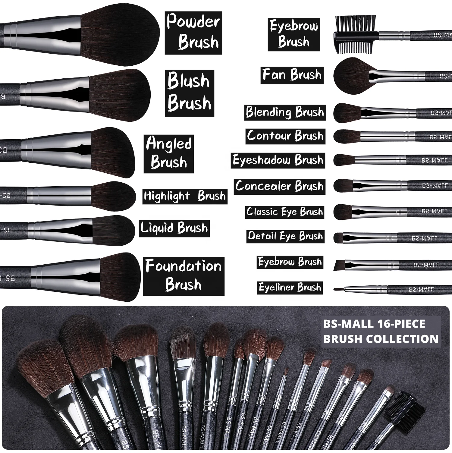BS-MALL Black Makeup Brushes Kits 16PCS Unique Wooden Handle Custom Made Makeup Cosmetic Brushes Private Label