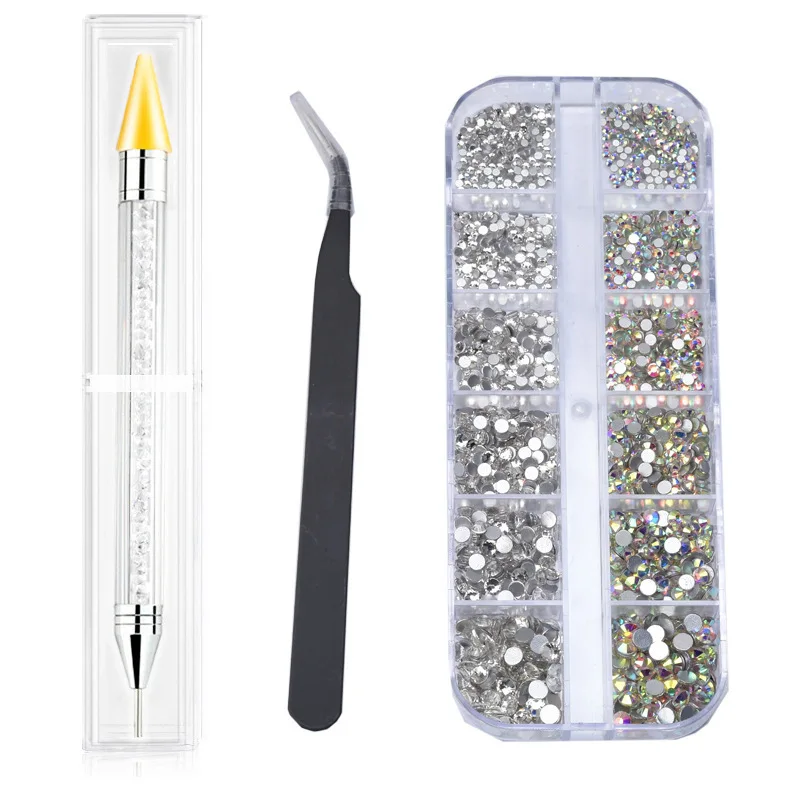 Crystals AB Nail Art Rhinestones Decorations Nail Stones for Nail Art with Pick Up Tweezer and Rhinestone Picker Dotting Pen