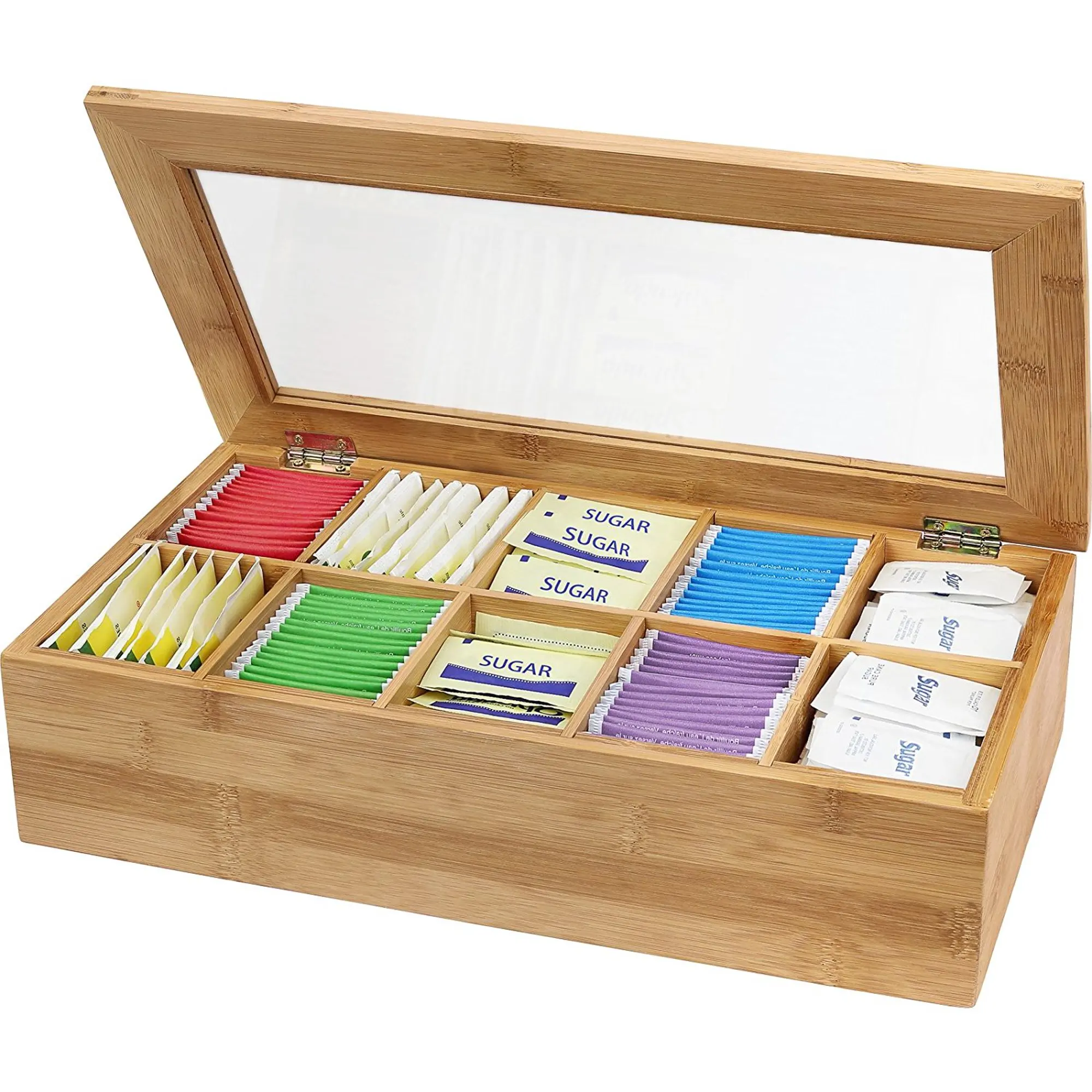 Bamboo tea/coffee bag organizer box with transparent lid wooden tea box