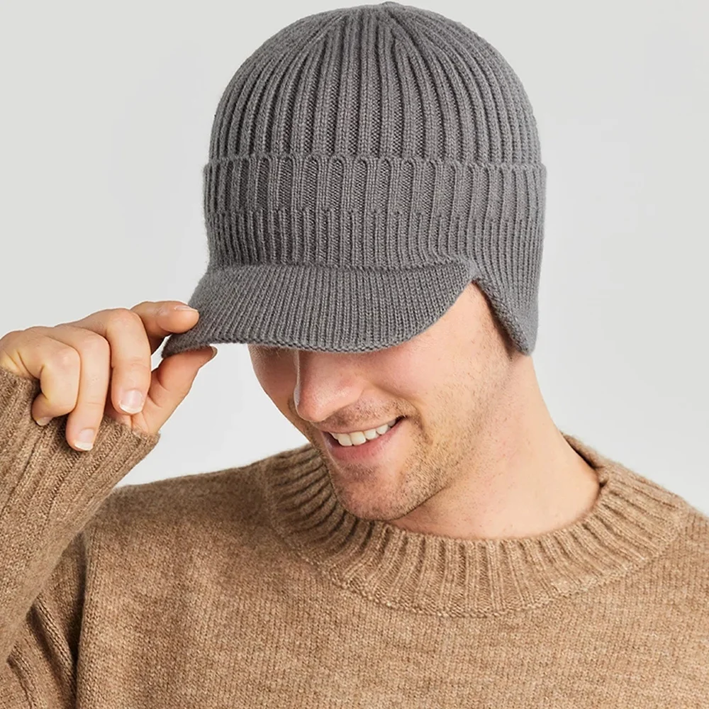 Men Winter Knitted Hat Outdoor Cycling Ear Protection Warm Peaked Cap Casual Fashion Bomber Hats 56-61CM