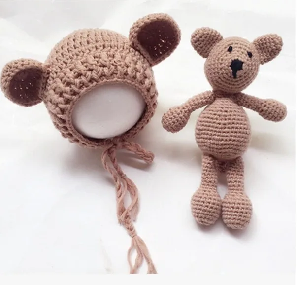 Custom Cute knitted  Animal Baby  Plush Toy With Hat Photo prop Soft  Bear New Born Baby Toy