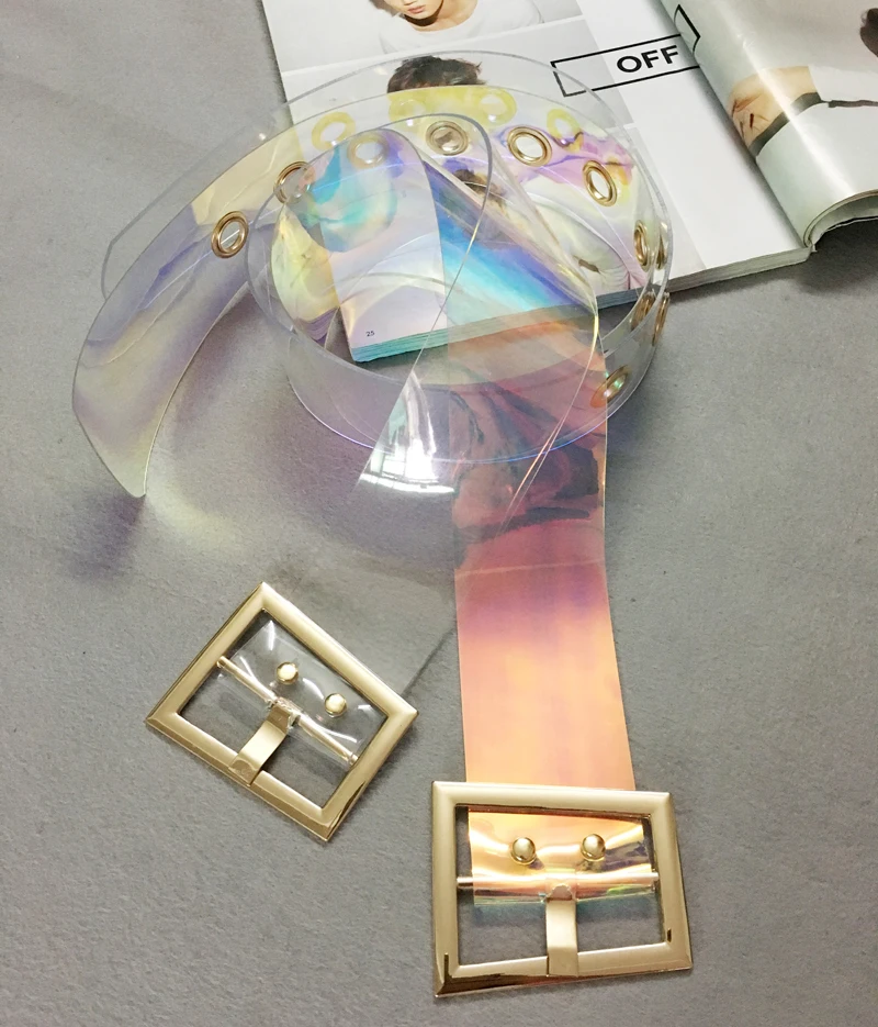 Fashion Women Transparent Wide Waist Female Designer Trapezoid Gold Metal Buckle Dress Laser Clear PVC Belt