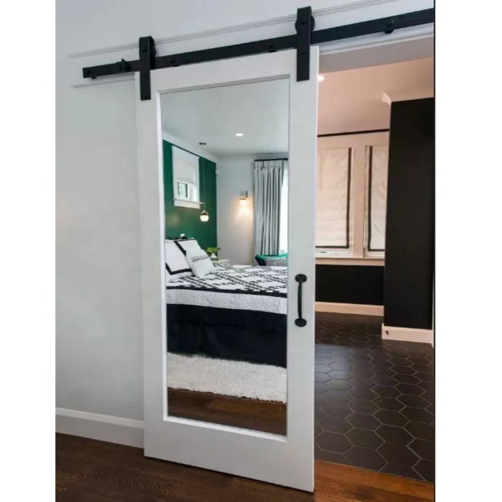 Elegant Mirror Wood Door Grey Painted Interior Bedroom Sliding Mirrored Barn Door With Hardware