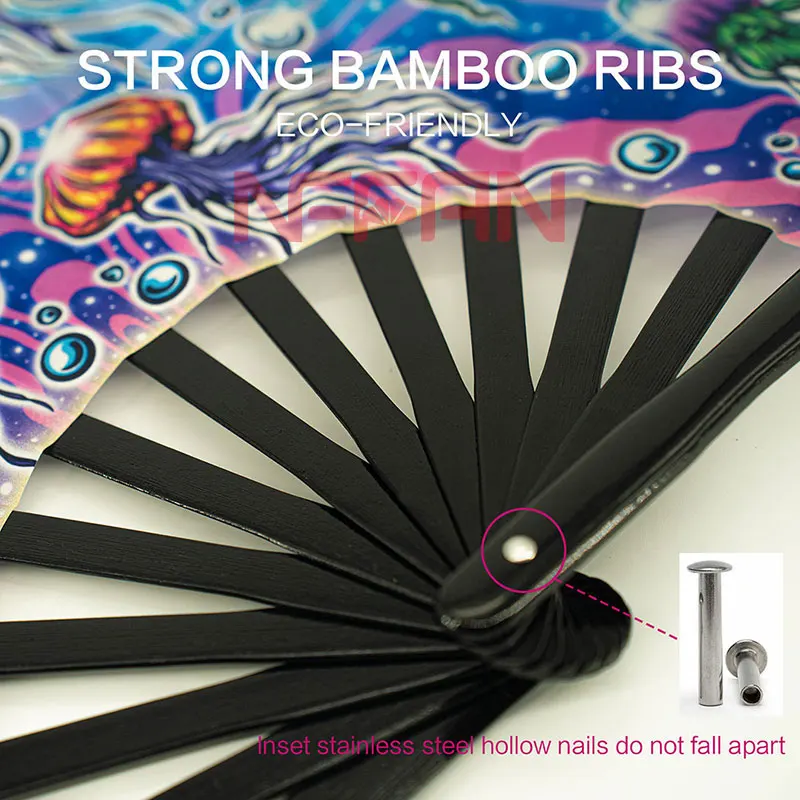 In Stock 33cm Large Folding Loud Clack Bamboo Wooden Hand Held Fan for Rave Festivals Accessories