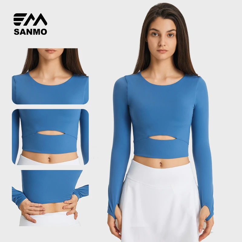2024 In Stock Padded Gym Sport Long Sleeved Shirts Women Slim Fit Front Hollow Out Padded Sports T-shirt with Thumb Hole