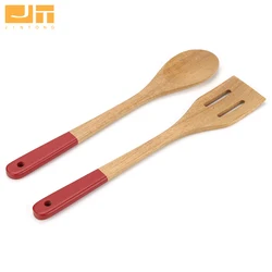 High Quality Acacia Wood Cooking Set 2Pcs Wooden Solid Spoon Slotted Turner Kitchenware With Color Printing Handle Hanging Hole