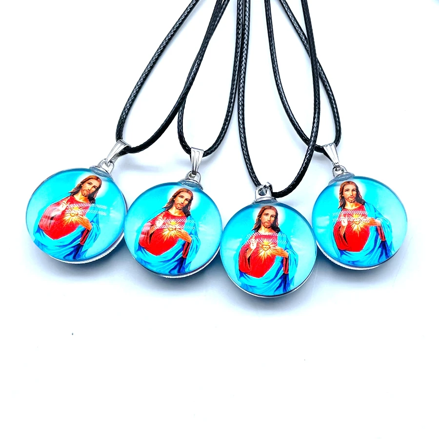 New Charm Glass Round Pendant Jesus Photo Catholic Maria Figure Jewelry Colorful Pattern Necklace 25 mm Crystal Gift
