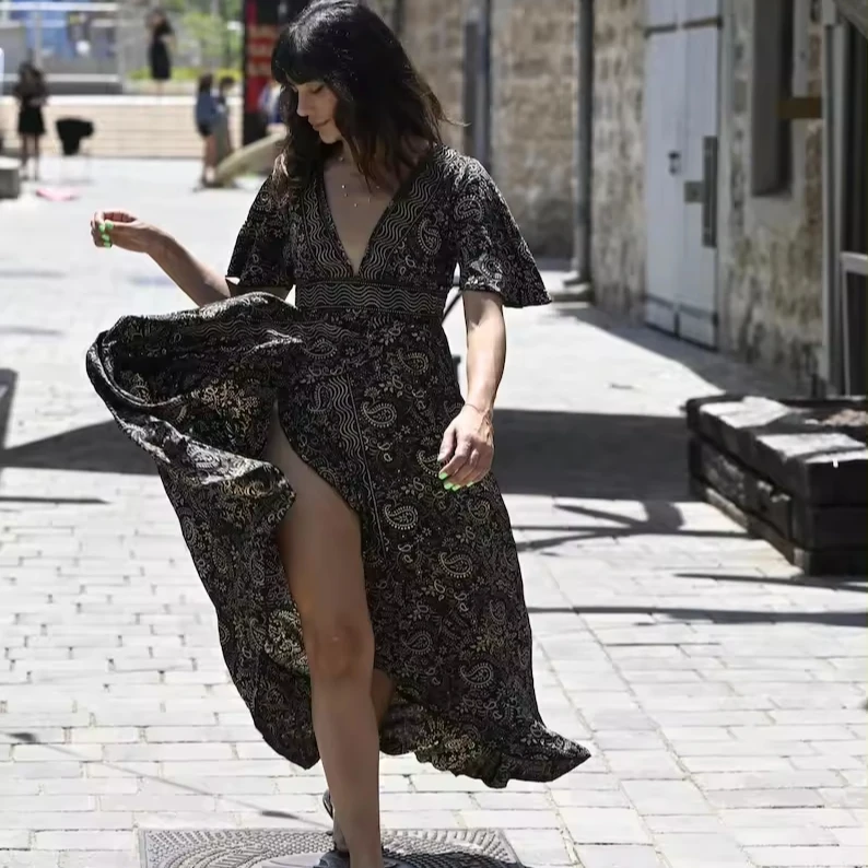 Ladies printed silk long dress Vintage design dress bohemian women New Vacation V neck boho printed casual dress