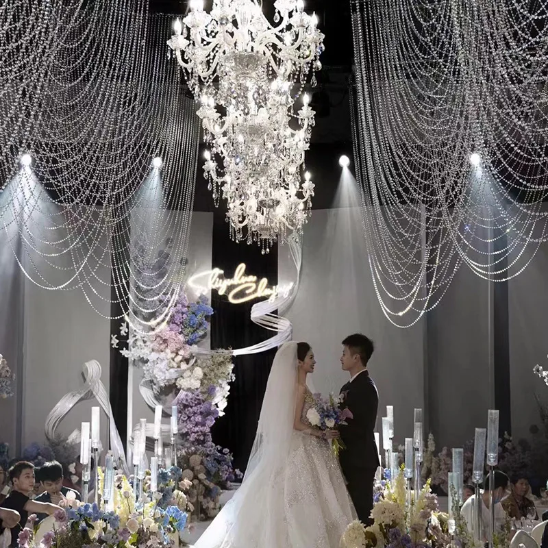 New wedding props pearl chain wave curtain water wave curtain Korean wedding hall arch background floating ceiling