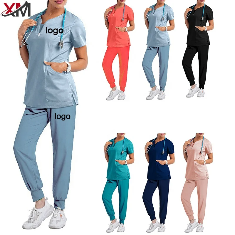 Custom Logo Spa Hairdressing Dentistry Pet Hospital Uniforms Women And Men Joggers 2 Piece Medical Nursing Scrubs Uniforms Sets