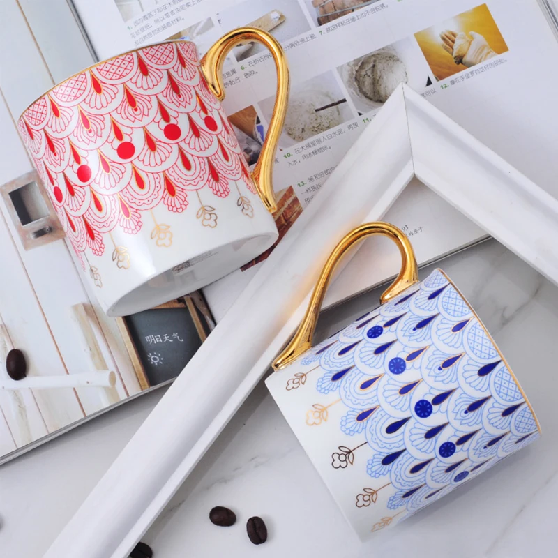 Wholesale 400ml Luxury High Temperature Red Blue Ceramic Coffee Mug With Gold Rim