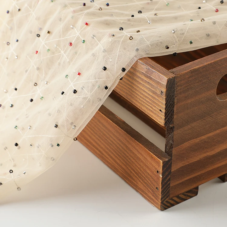 Cheap price cute breathable nylon woven bead mesh embroidery fabric for kid dress