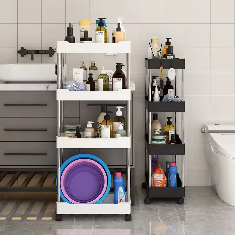 Multipurpose Bathroom Trolley Storage Shelves PP Plastic Rotatable Crack Shelf Kitchen Storage Trolley Rack With Wheels