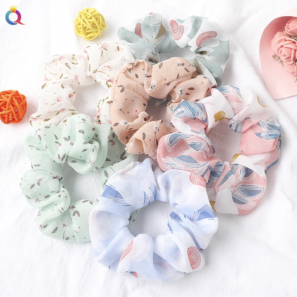 QIYUE Custom 2020 New Hot Sale Cheap Designer Floral Leopard Soft Chiffon Hair Scrunchy ChouChou