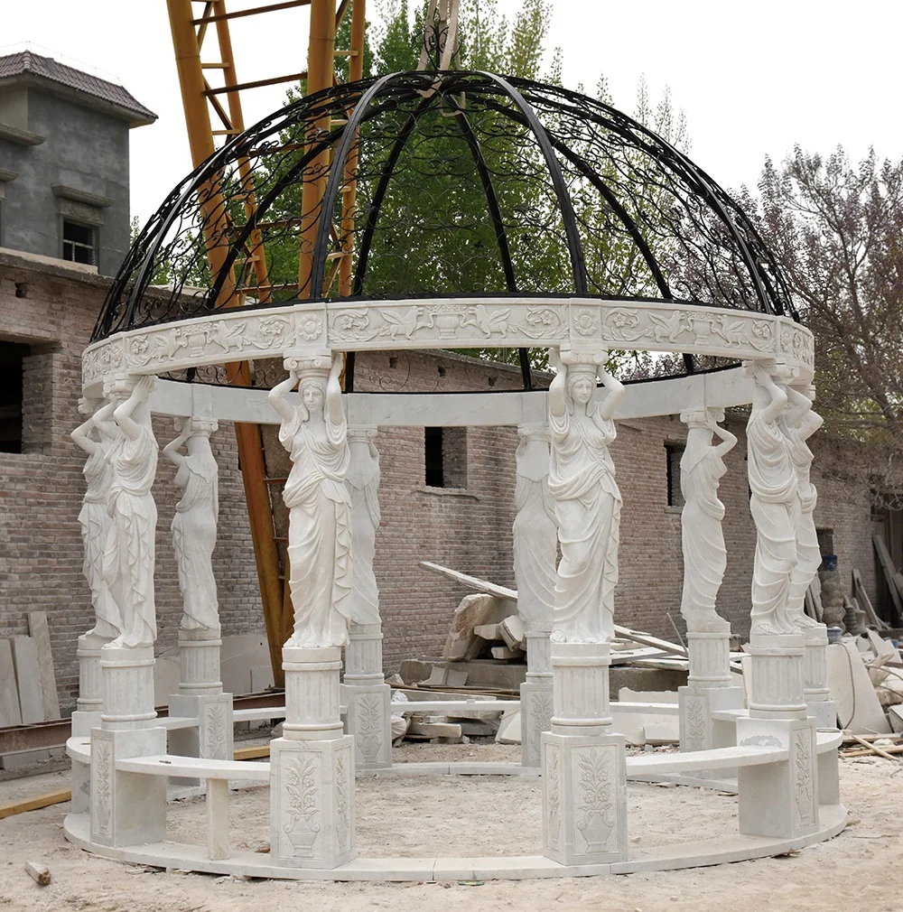 Outdoor Large Garden White Marble Gazebo With Sculpture