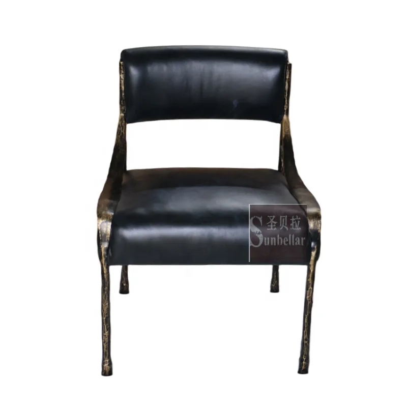 wholesale black leather dining side chair luxury genuine leather metal forged iron chair with back dining room hotel restaurant