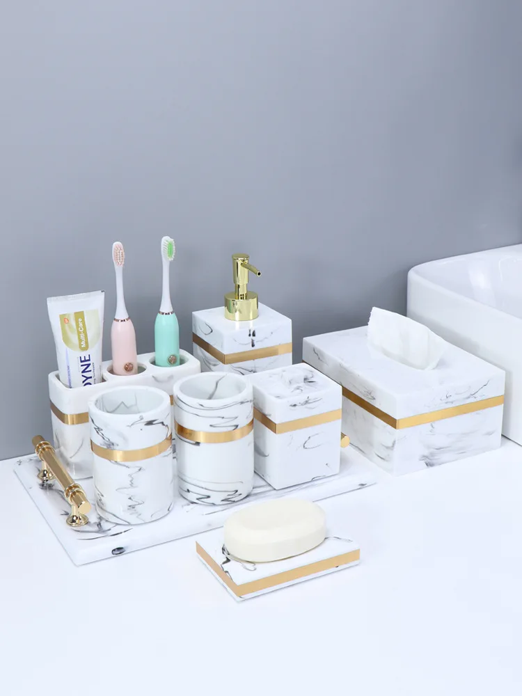 Custom Bathroom Accessories Set Black Marble Effect Modern Hotel Resin Bathroom Accessories Set