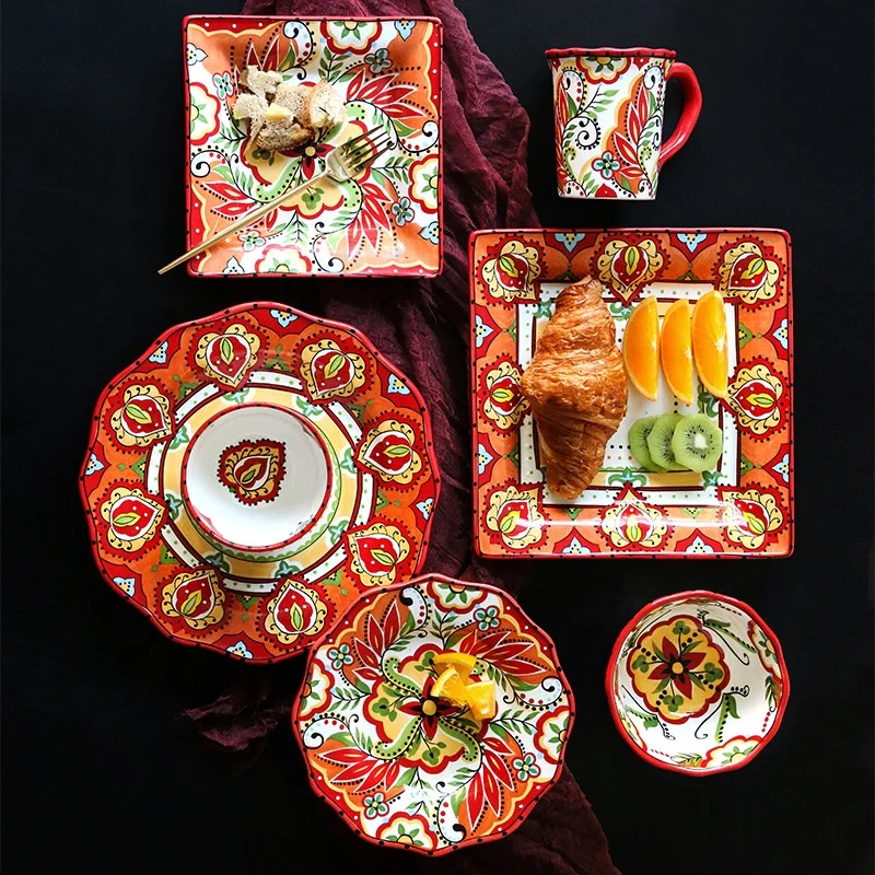 High Quality Ceramic Dinnerware Sets Bohemia Flower Pattern Hand Paint Ceramic Cup Floral Set Dinner Plates Ceramic Tableware