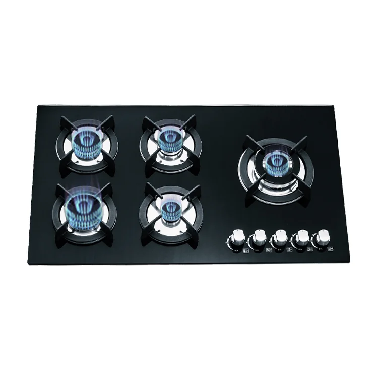 Автоматическая газовая плита с пьезозажиганием, 5 горелок, закаленное стекло, верхняя газовая плита
