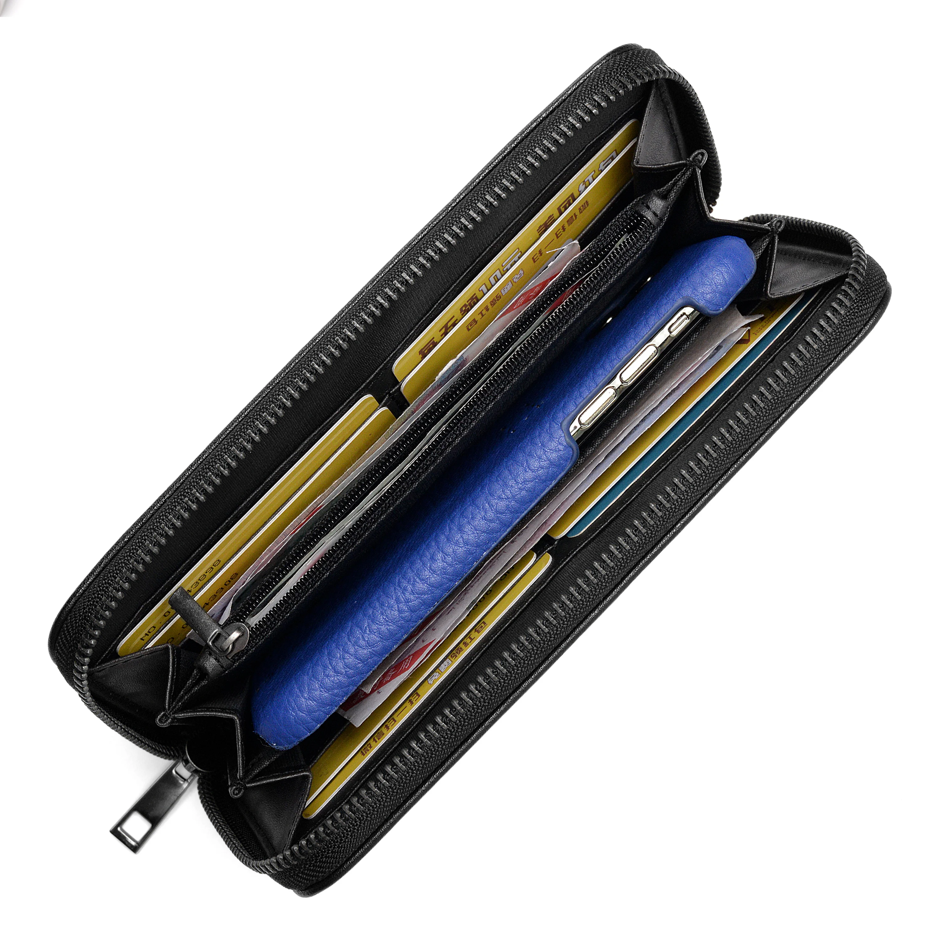 Wholesale Custom Vintage Genuine Leather Clutch Long Wallet with Zipper Closure RFID Feature for Travel Card Storage