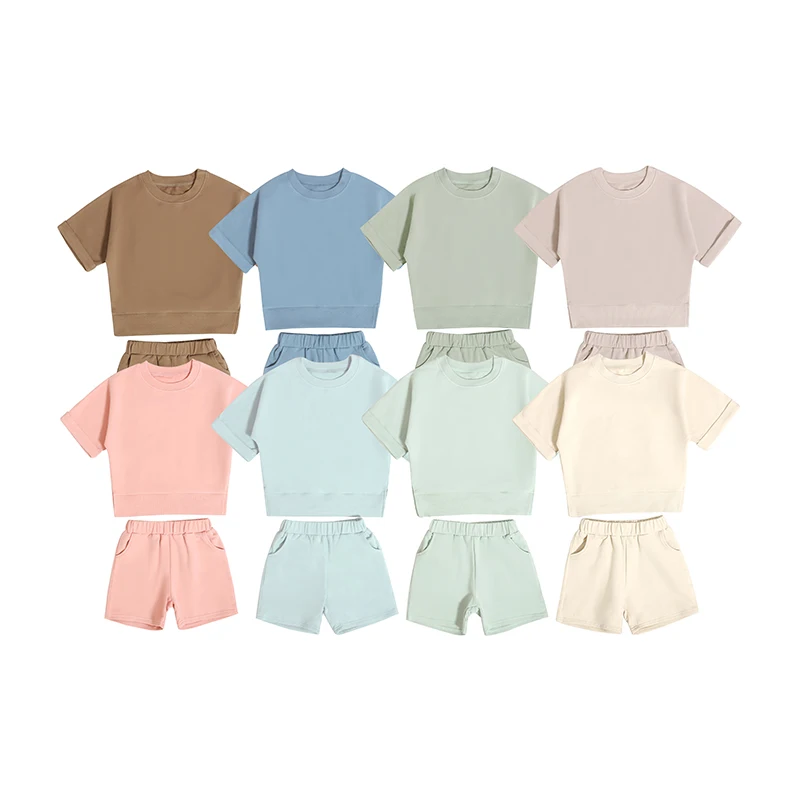 China Online Sale Summer Children Sport Outfits French Terry Kids Sets Cotton Pocket Short Elastic Waistband Pants Suits