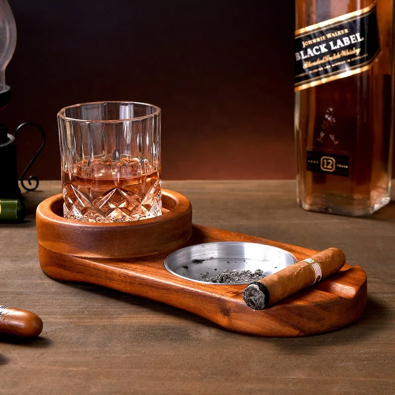Whiskey Glass Tray and Cigar Holder Rustic Wooden Tray Slot to Hold Cigar Rest Cigar Accessory Set Gift for Men