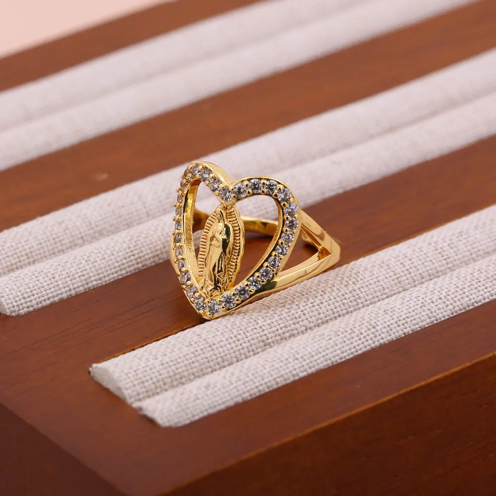 Wholesale Catholic Religious Jewelry Items Gold Plated Open Cuff Micro Pave Cubic Zirconia Virgin Mary Rings Catholic Jewelry