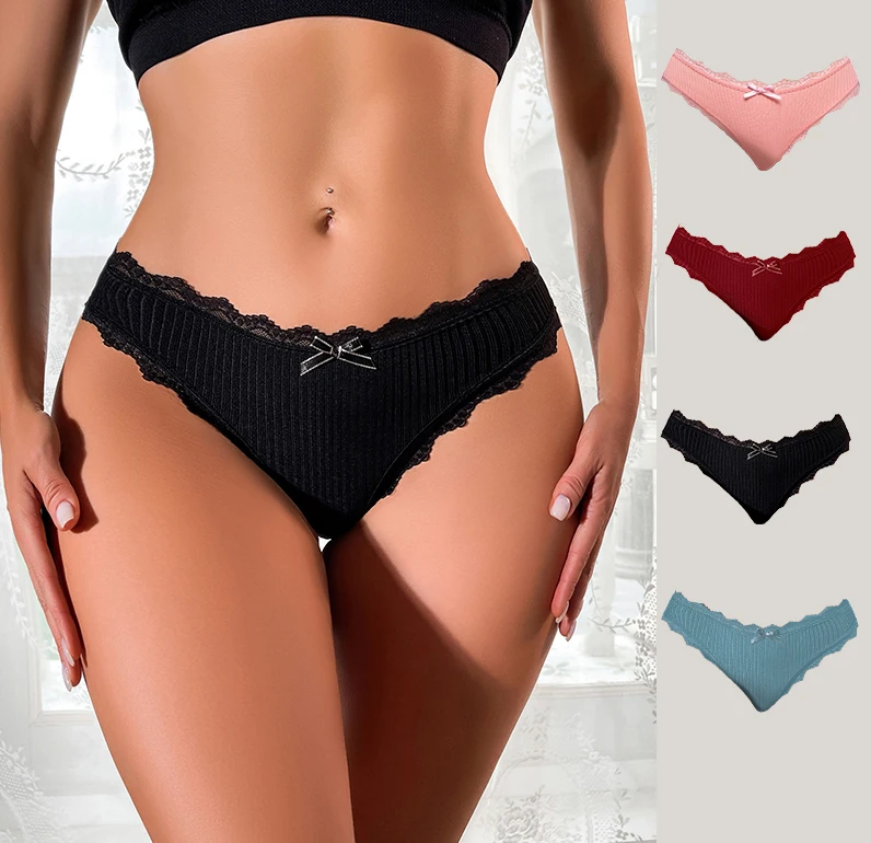 Women 4 Color Lace Panty Thongs Underwear Female Daily Bow Seamless Panties Underpants For Young Lady Thong
