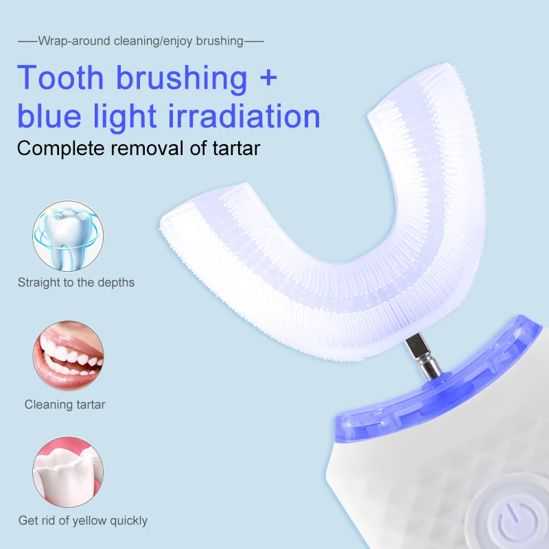 U Shaped Electric Toothbrush Teeth Whitening Dental Device 360 Degrees Ultrasonic Silicone Automatic Electric Toothbrush IPX7