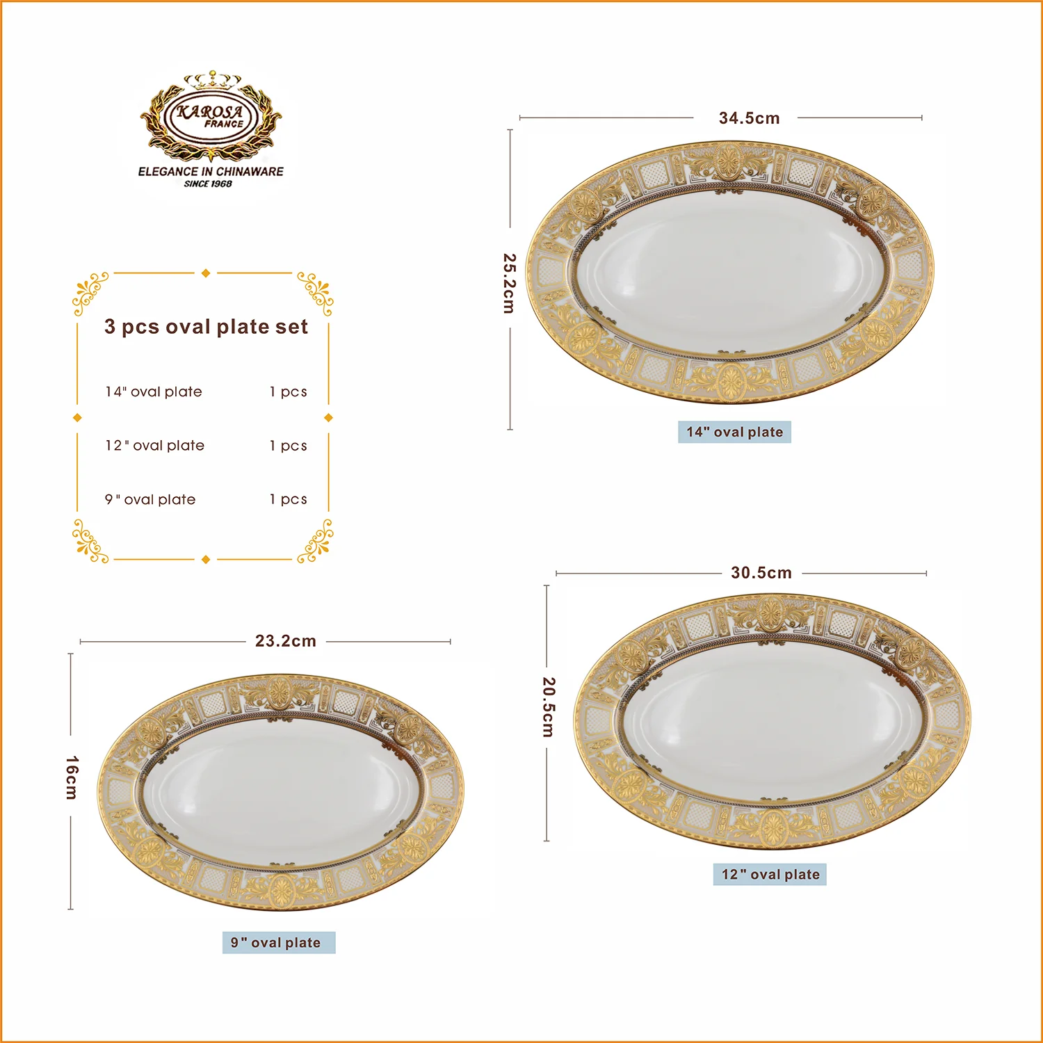 3PCS Royal luxury 24K embossed gold rim classic plate oval platter dish set