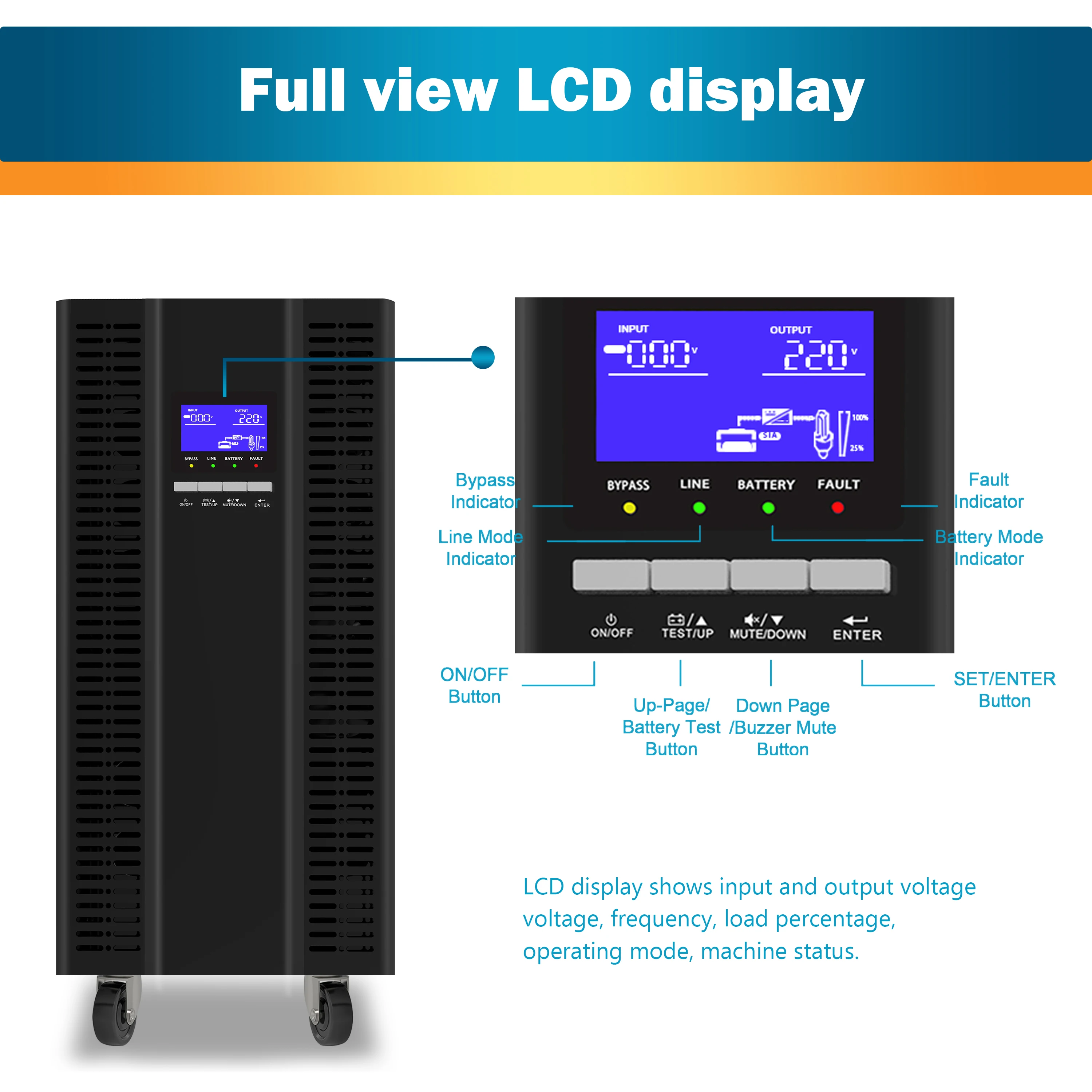 External battery type Online UPS Pure sinwave 20KVA/18KW 192/240VDC optional RJ45 RJ11 USB SNMP card 3 phases in and 1 phase out