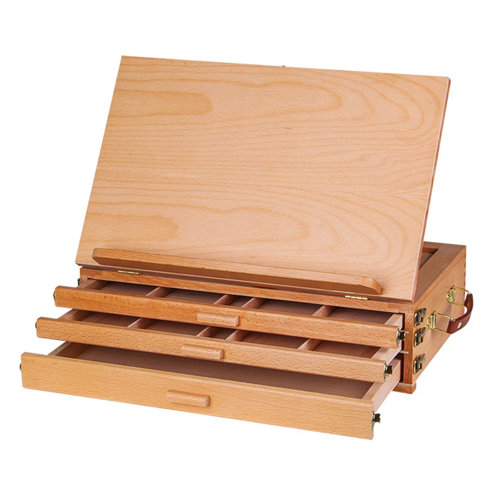 Panwenbo 3-drawer Wood Artist Supply Storage Box Portable Beechwood Multifunctional Pencil Brush Organizer Wood Box with Drawer