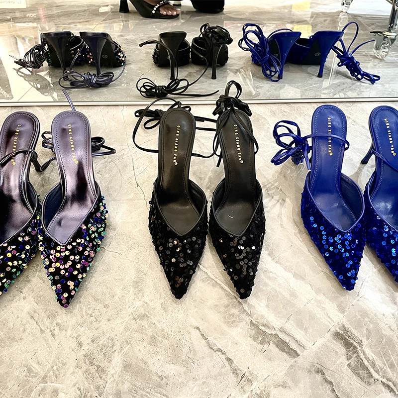 Pumps  Latest Design Sequins Cross Strappy Luxury Pointed Toe Wedding Bridal Shoes Lace up Navy Loyal Blue Heels for Women
