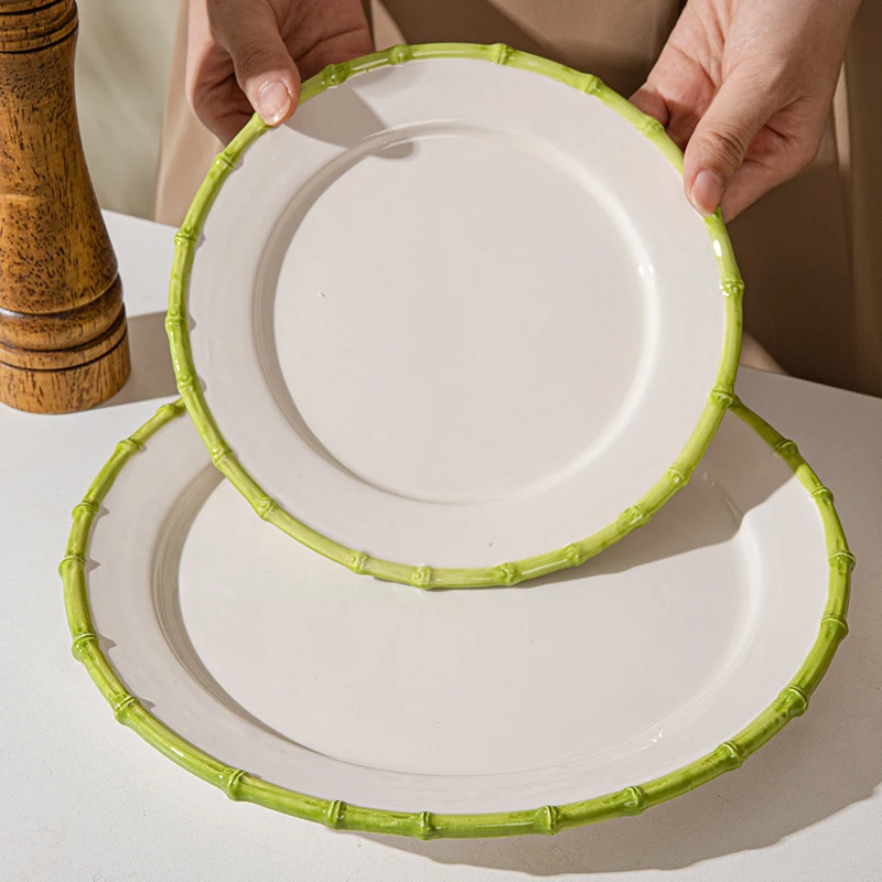 wedding event rental  dinnerware  round brown green pink ceramic porcelain dinner plate with bamboo rim
