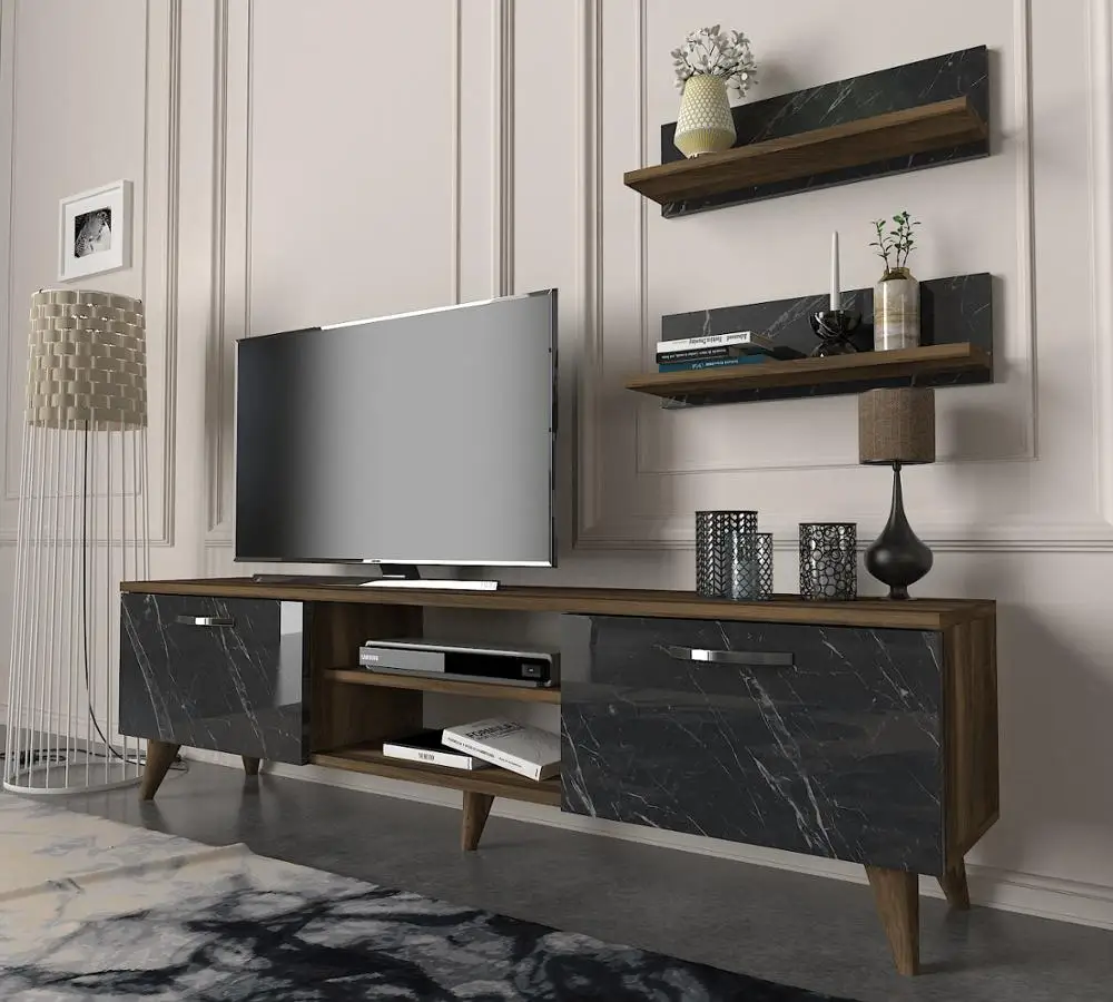 Ayden Wholesale Best Wood Tv Unit Modern Furniture Marble Walnut with Wallshelf